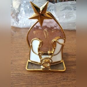 Hand Crafted Gold Plated Stained Glass and White Nativity Scene